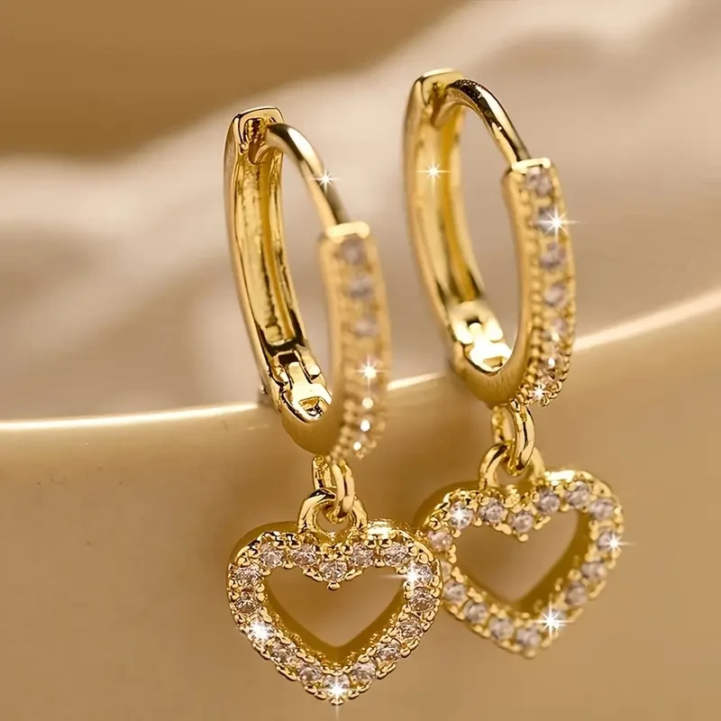 18K Golden Plated Copper Hoop Earrings with Heart Drop Pendant  Synthetic 3A Zirconia, Simple Sexy Style, Ideal for Daily Wear & Gift-Giving