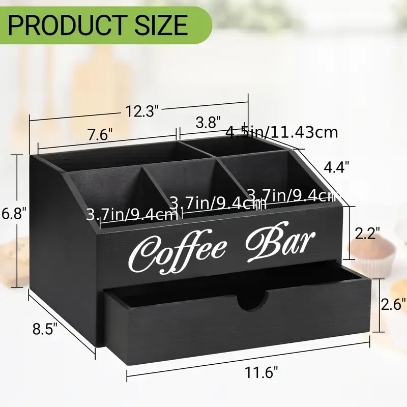 Coffee Bar Organizer Station with Drawer and Basket for Kitchen, Cafe, Office