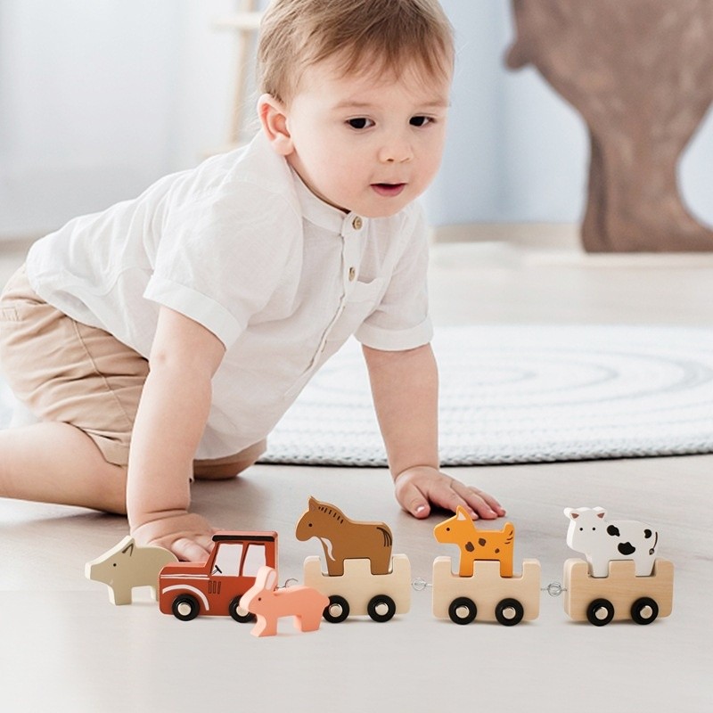 Children's Wooden Farm Animal Train Baby Enlightenment Stacking Cognitive Toys Educational Toys Birthday Train
