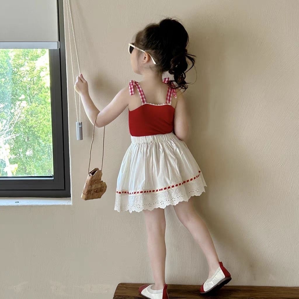 Girl's Strap Skirt Lace Two-piece Overskirt Suit