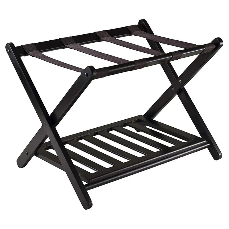Foldable Luggage Rack Wooden Floor Standing with Shoes Shelf