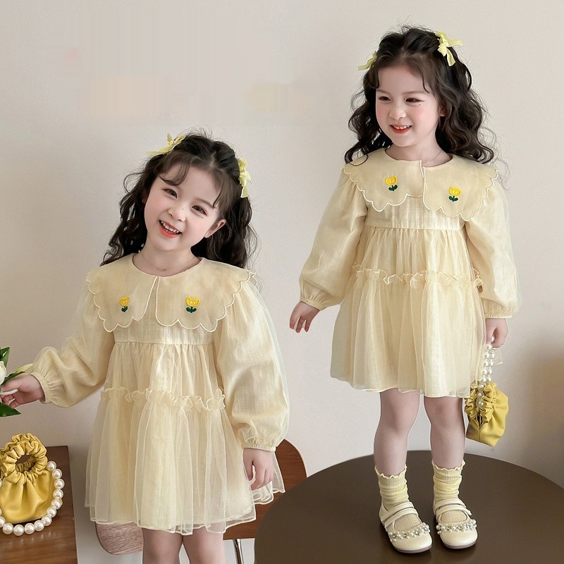 Girls Navy Collar Long Sleeve Dress