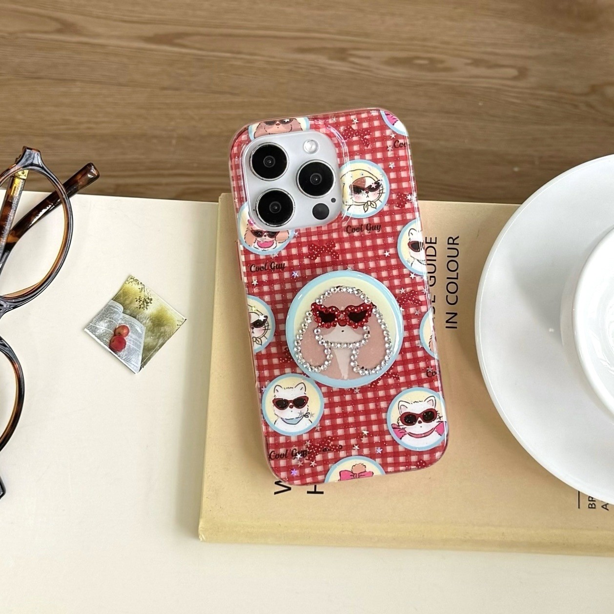 Cartoon Glasses Puppy Spot Drill Phone Case Holder Sets