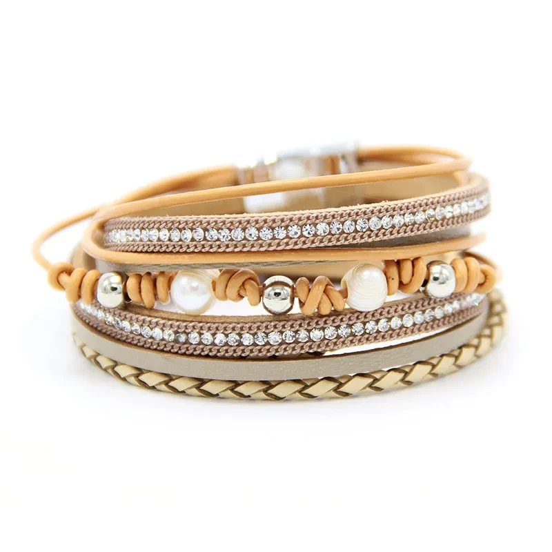 Fashion Magnetic Snap Cowhide Woven Pearl Bracelet