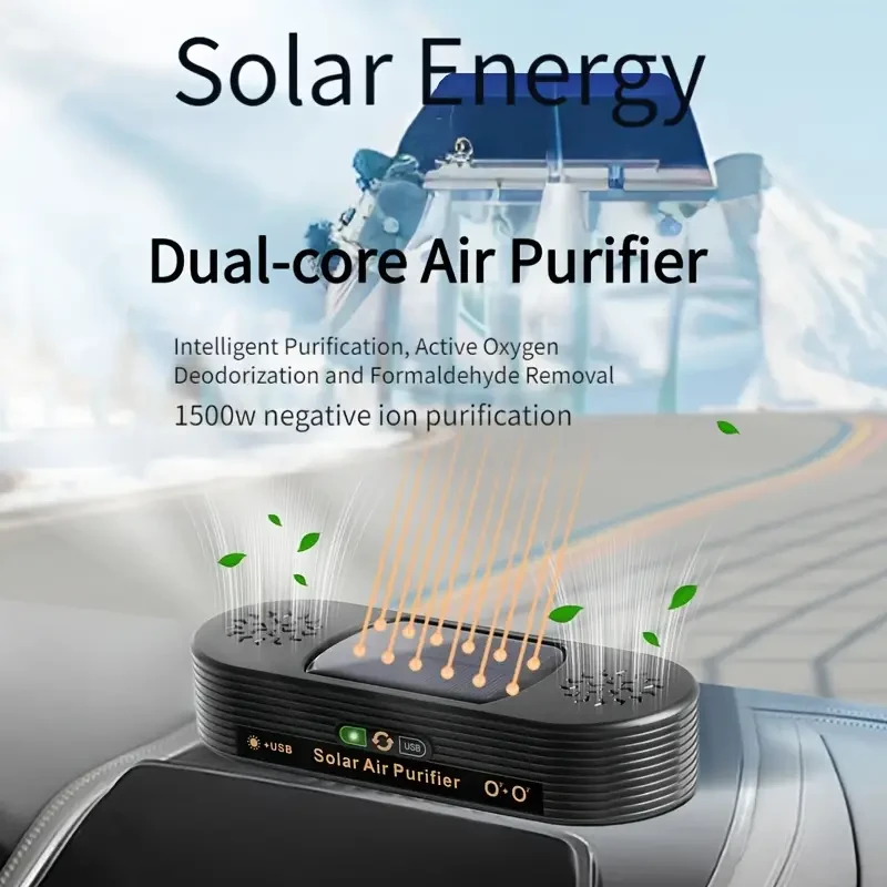 Dual-Core Solar Car Air Purifier with Negative Ion & Ozone Purification