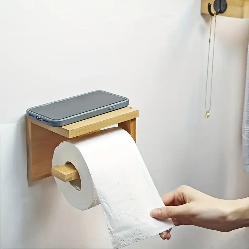 Rustic Wooden Toilet Paper Holder with Shelf
