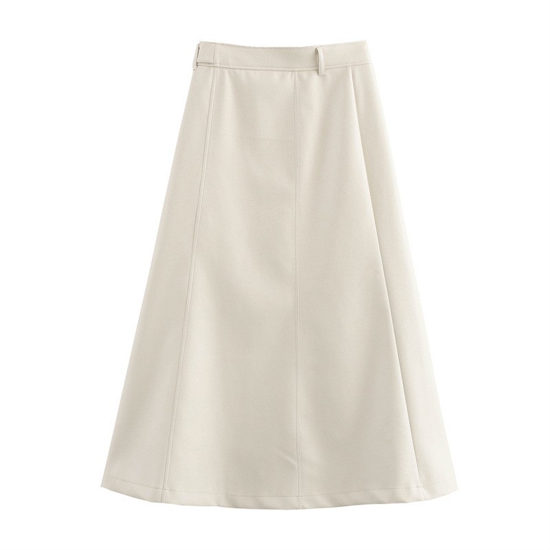 High Waist Pure Color With Belt A- Line Faux Leather Midi Skirt Skirt