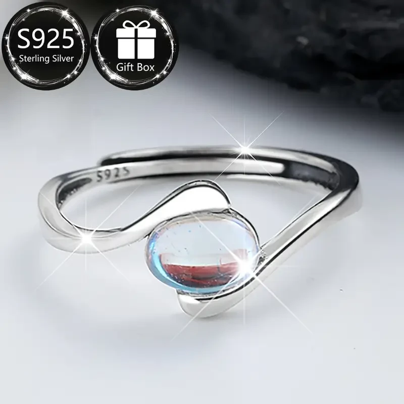 S925 Sterling Silvery Moonstone Adjustable Ring A Whisper of Light, A Touch of Magic