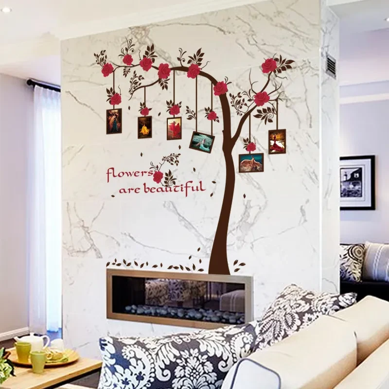 Wall Stickers Red Flower Frame Tree Bedroom Living Room Porch Decoration