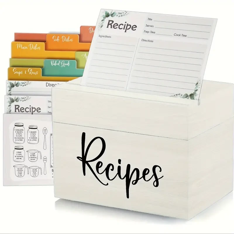 Wooden Recipe Box Organizer Set with 50 Recipe Cards