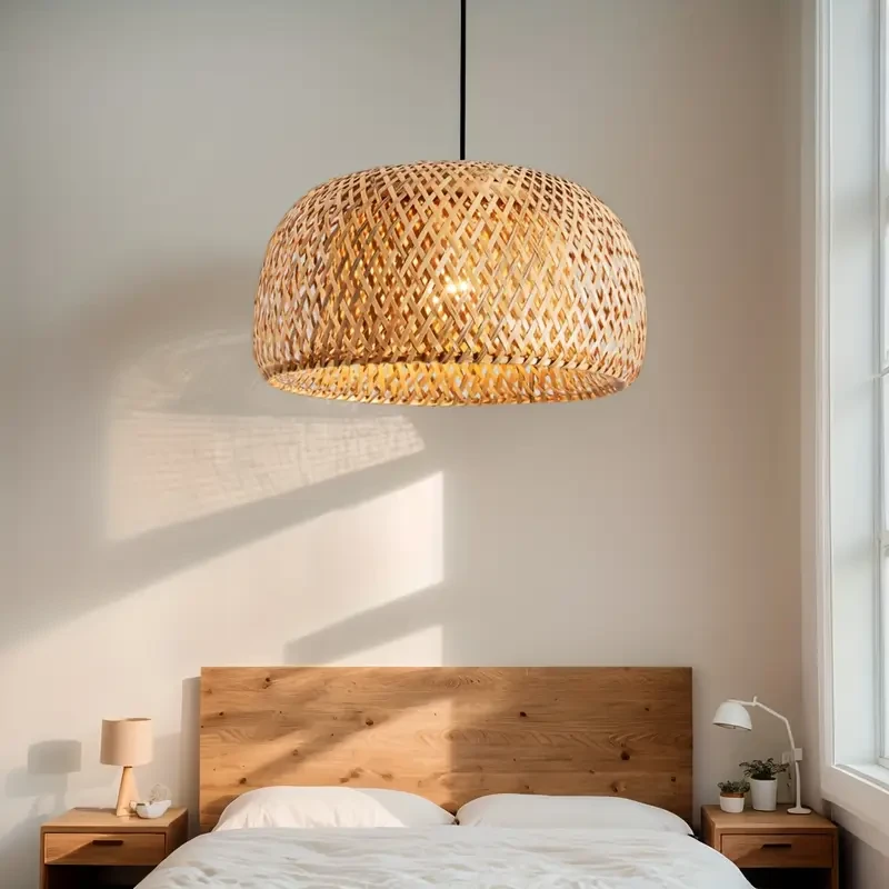 Boho Chic Handwoven Rattan Ceiling Light with Fabric Drum Shade