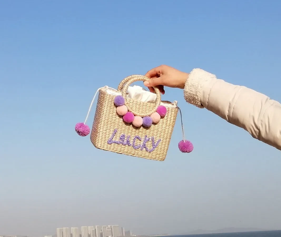 Thailand Straw Bag New Hydrangea Letter Embroidery Straw Handbag