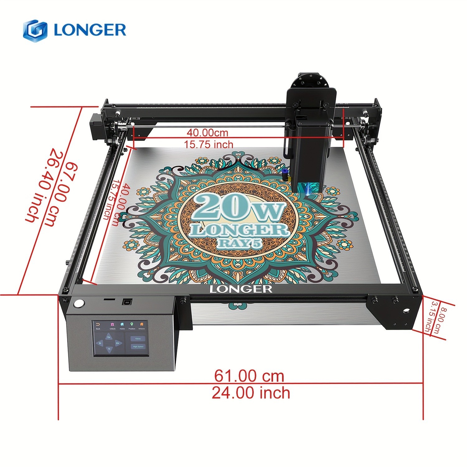 Longer RAY5 Laser Engraver  20000mW Output Power, 3.5" Touch Screen, APP Offline Control, DIY Engraver Tool for Metal, Glass, Wood, Engraving Area 15.75"x14.37"