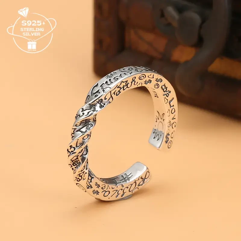 925 Silver Vintage Adjustable Ring with Engraved Happy Face Design Perfect for Daily Wear & Holiday Gift