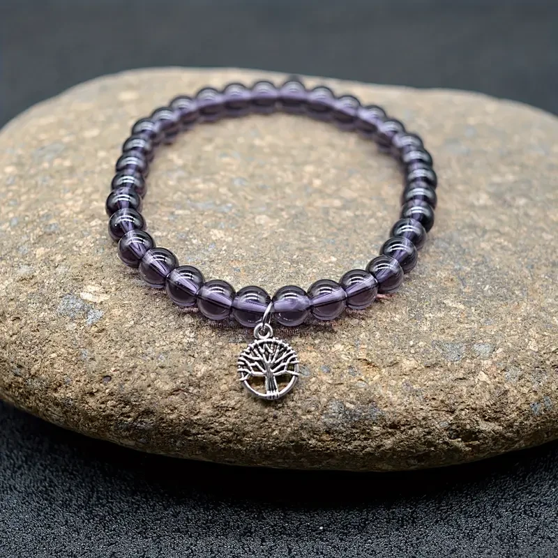 Bohemian Style Purple Beaded Bracelet with Tree of Life Charm Fashion Accessory, Perfect for Holiday Gifts