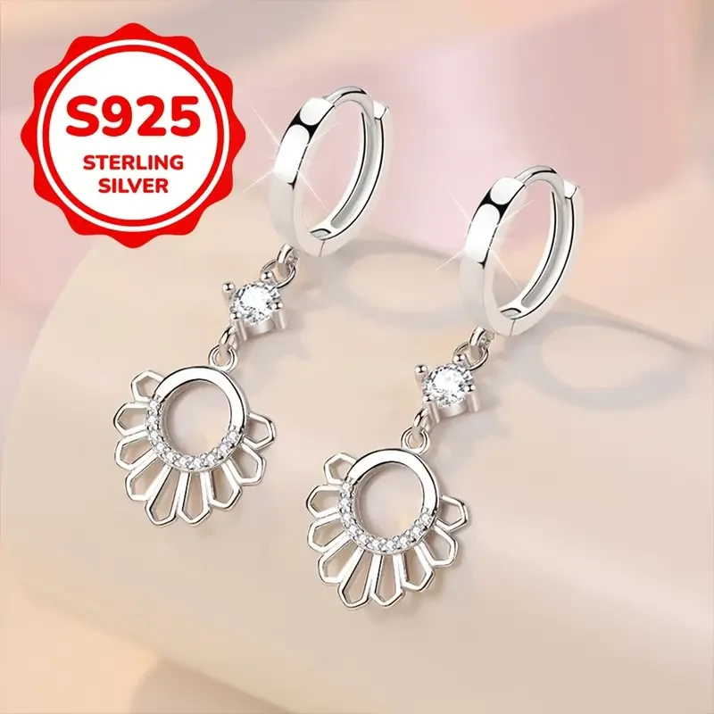 2pcs 925 Sterling Silvery Geometric Hollow Sunlight Ray Earrings  Fashionable Everyday Party Matching, Exquisite Gift