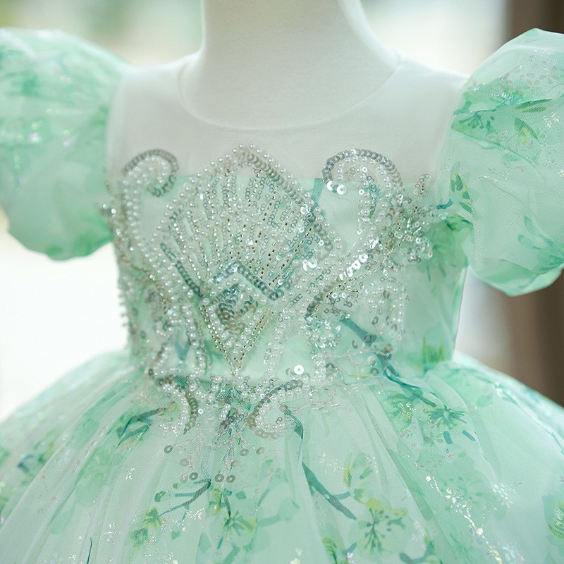 Mint Green One-year-old Puff Sleeve Fluffy Gauze Princess Dress