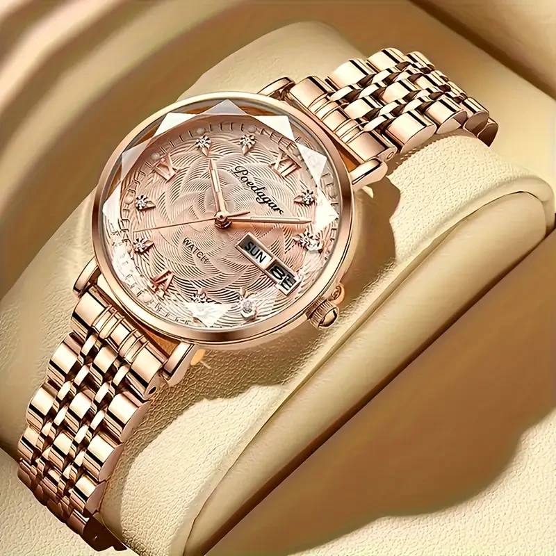 1pc POEDAGAR Elegant Women's Quartz Watch - Luxurious Rose Golden-Tone with Luminous Hands, Calendar Display, Alloy Case & Band, Quartz Movement, Fashion Accessory