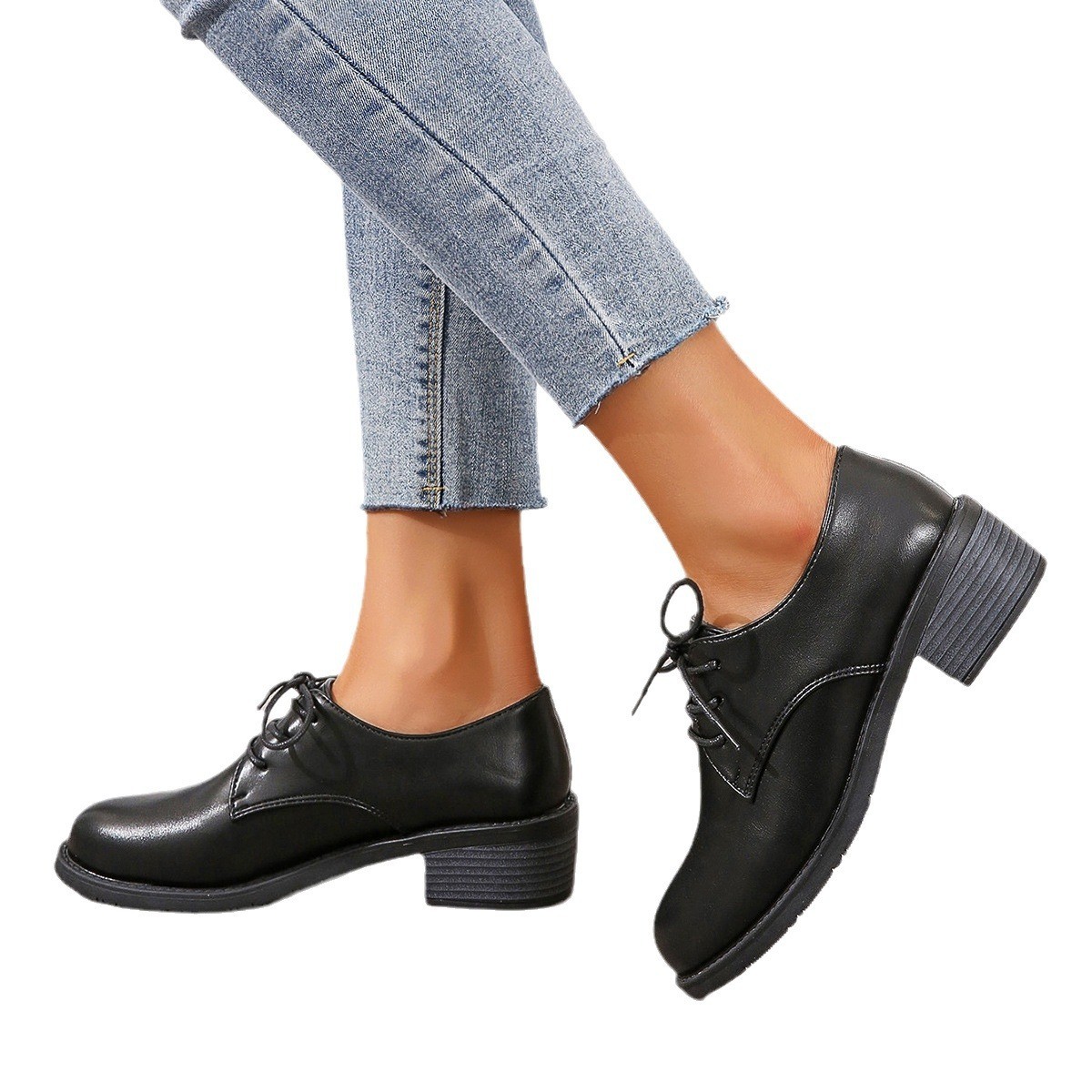 Work Black Professional Soft Sole Leather Thick Heel Women's Shoes