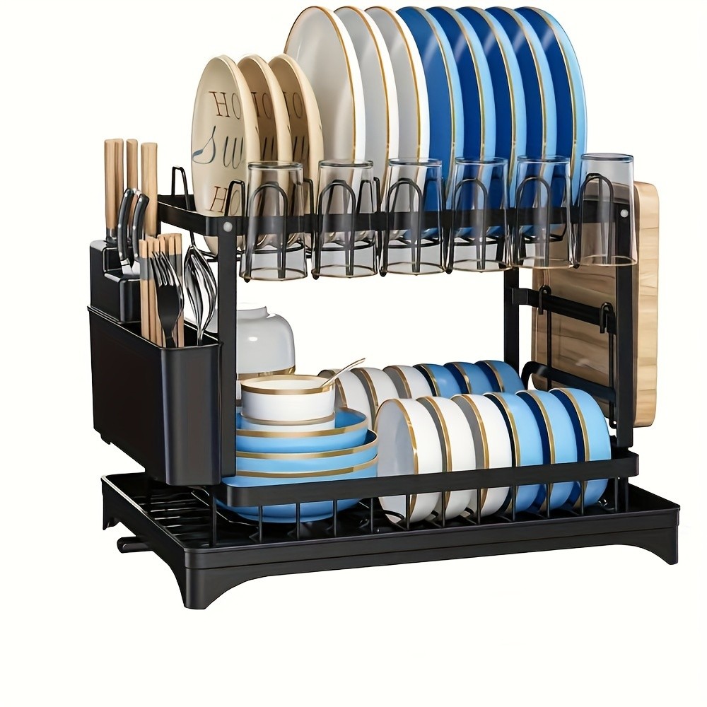 2-Tier Dish Rack with Utensil Holder  Rustproof Kitchen Dish Drying Rack with Drainboard for Kitchen Countertop