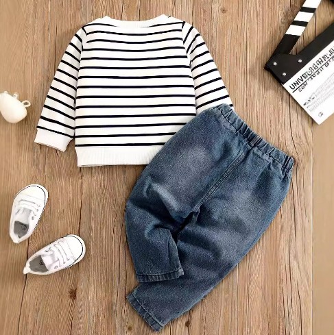 Children's Baby Suit Embroidered Striped Long-sleeved Jeans Suit