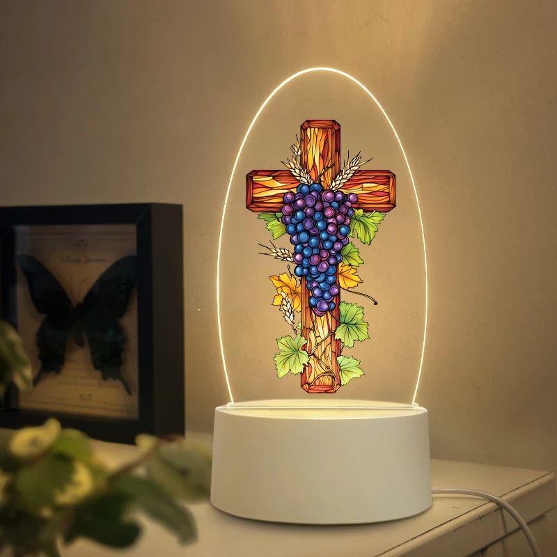 1pc Cross with Grapes and Wheat Christian Themed Home Decoration Night Light USB-Powered Stained Glass Style Night Light for Prayer, Meditation, and Family Worship