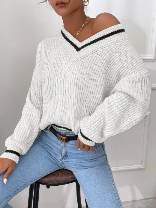 Cable Knit V Neck Sweaters Casual Long Sleeve Striped Pullover Sweater Winter Women's Clothes