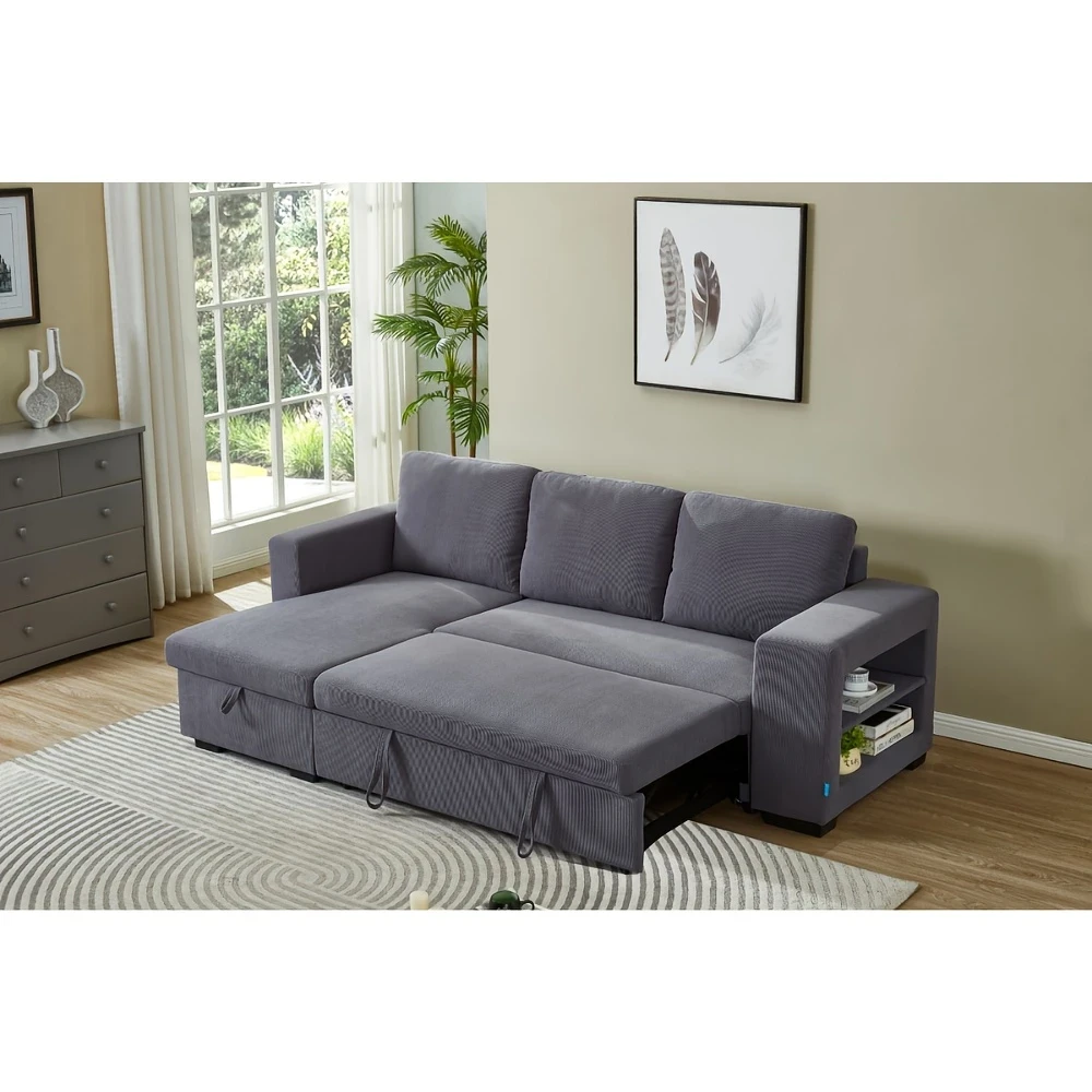 LUCENA Reversible Sectional Sofa Bed with Storage (Fine-striped Corduroy)