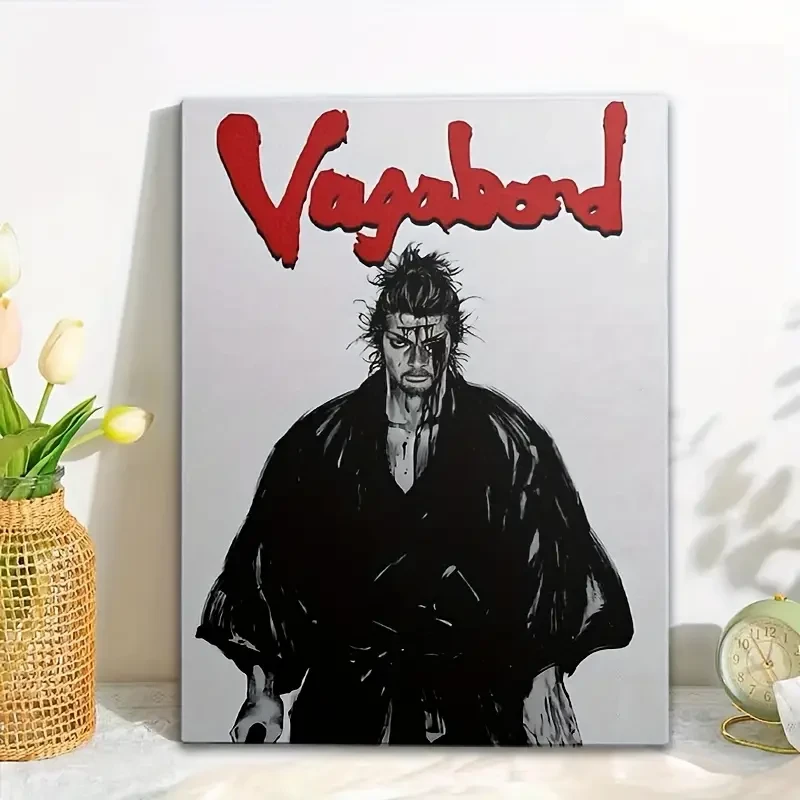 1pc Vagabond Samurai Warrior Anime Framed Canvas Art Print Stylish Black & White Design with Red Accents