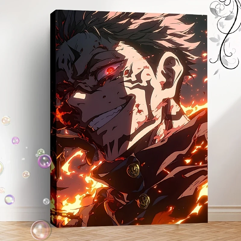 1pc Framed Anime Curse Warlock Canvas Wall Art Vibrant Flame & Red Eye Character Print