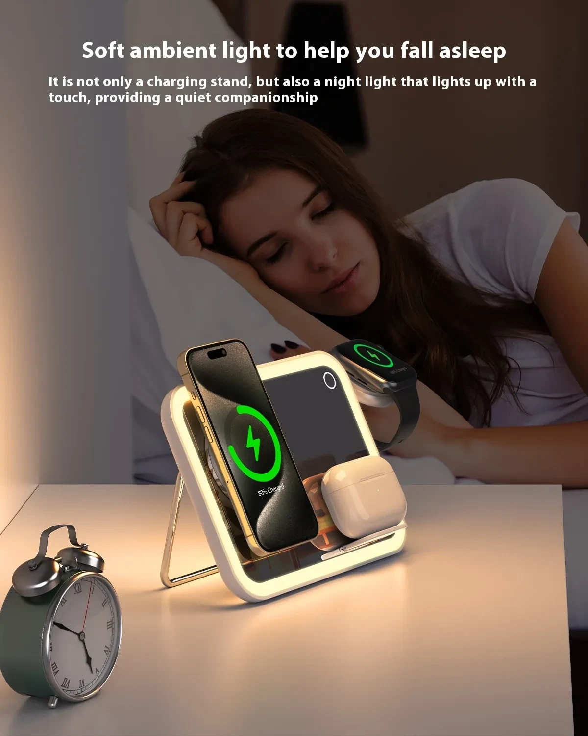 Three-in-1 wireless charger LED makeup mirror RGB small night light four-in-one desk lamp charging stainless steel holder