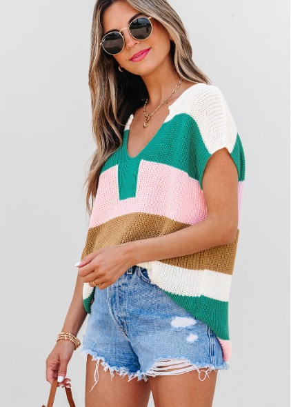 Multicolour Color Block Notch V Neck Sweater T Shirt