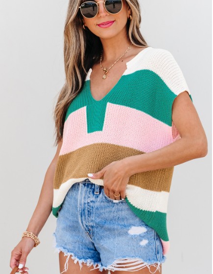 Multicolour Color Block Notch V Neck Sweater T Shirt