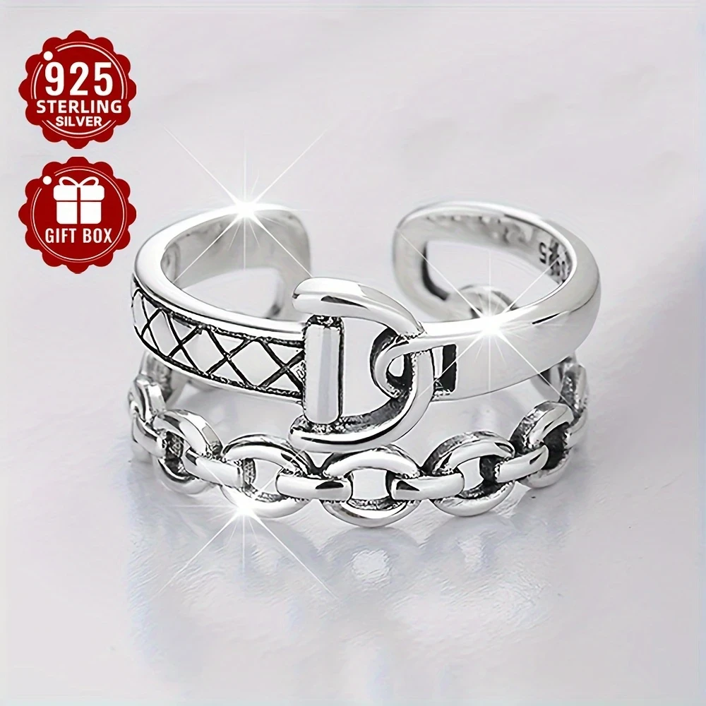 925 Sterling Silver Women's Fashion Ring  Hip Hop Punk Style Double Layer D-Shaped Open Ring