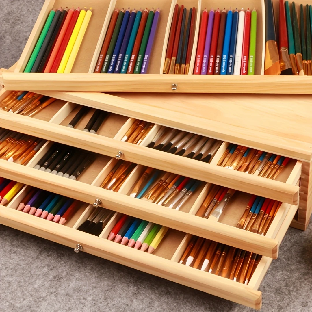 4-Tier Wooden Artist Storage Organizer with Drawers