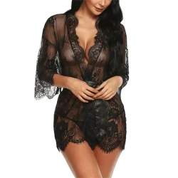 Lace Kimono Robe Babydoll Lingerie Eyelash Nightgown Dress