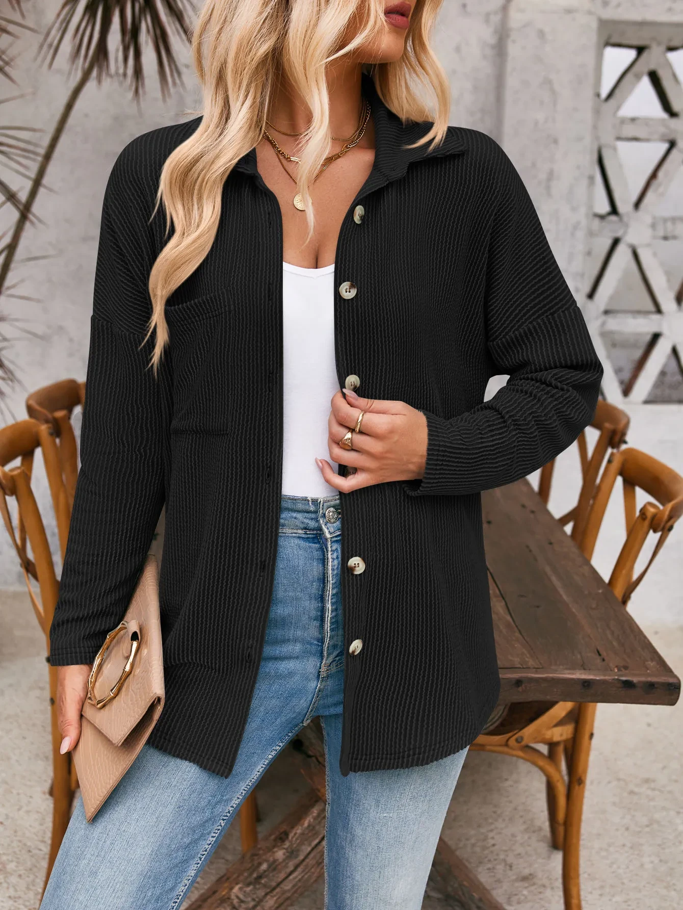 Striped Contrast Color Pocket Long Sleeve Shirt