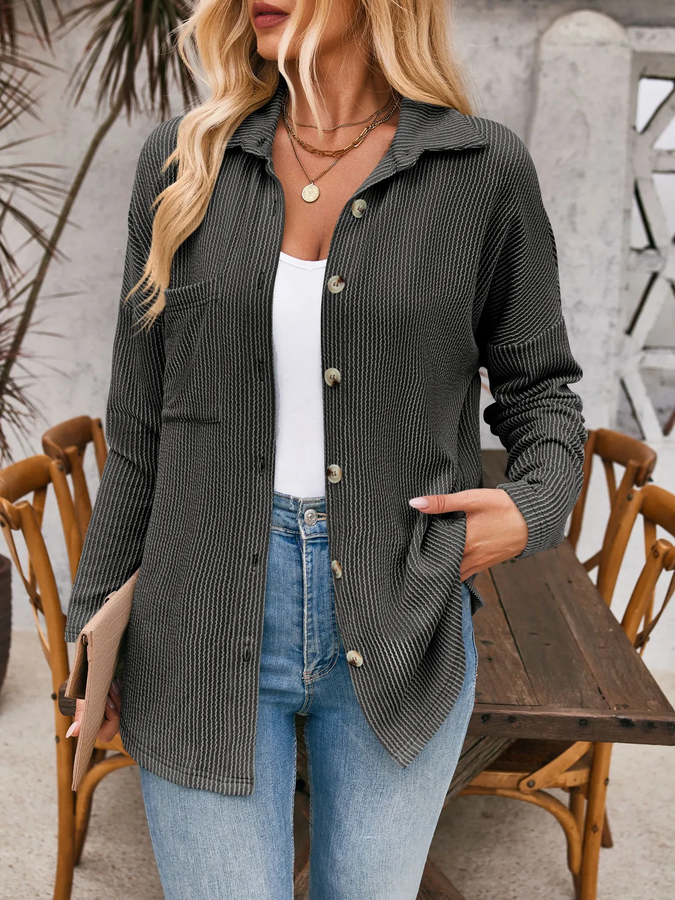 Striped Contrast Color Pocket Long Sleeve Shirt