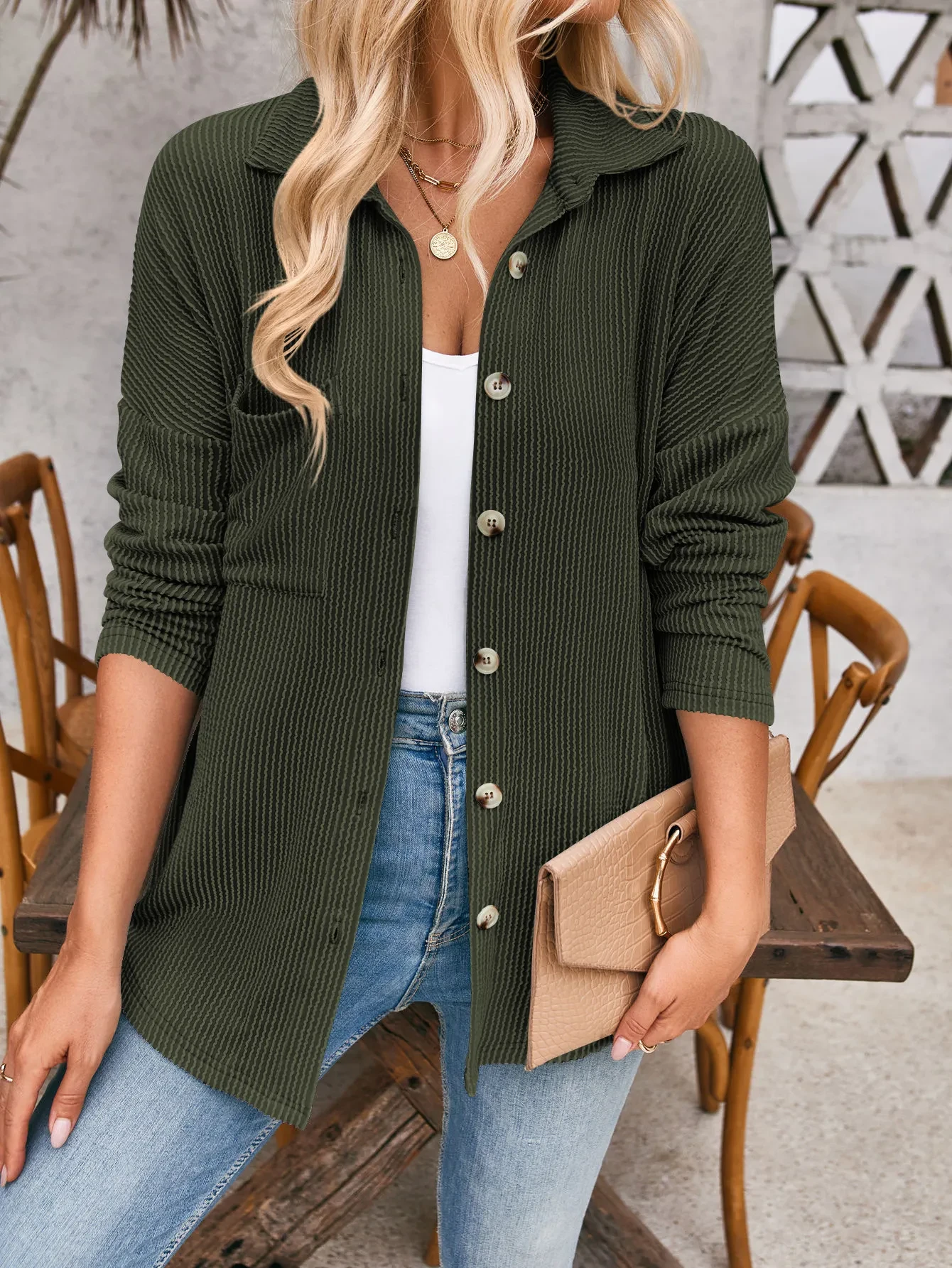 Striped Contrast Color Pocket Long Sleeve Shirt