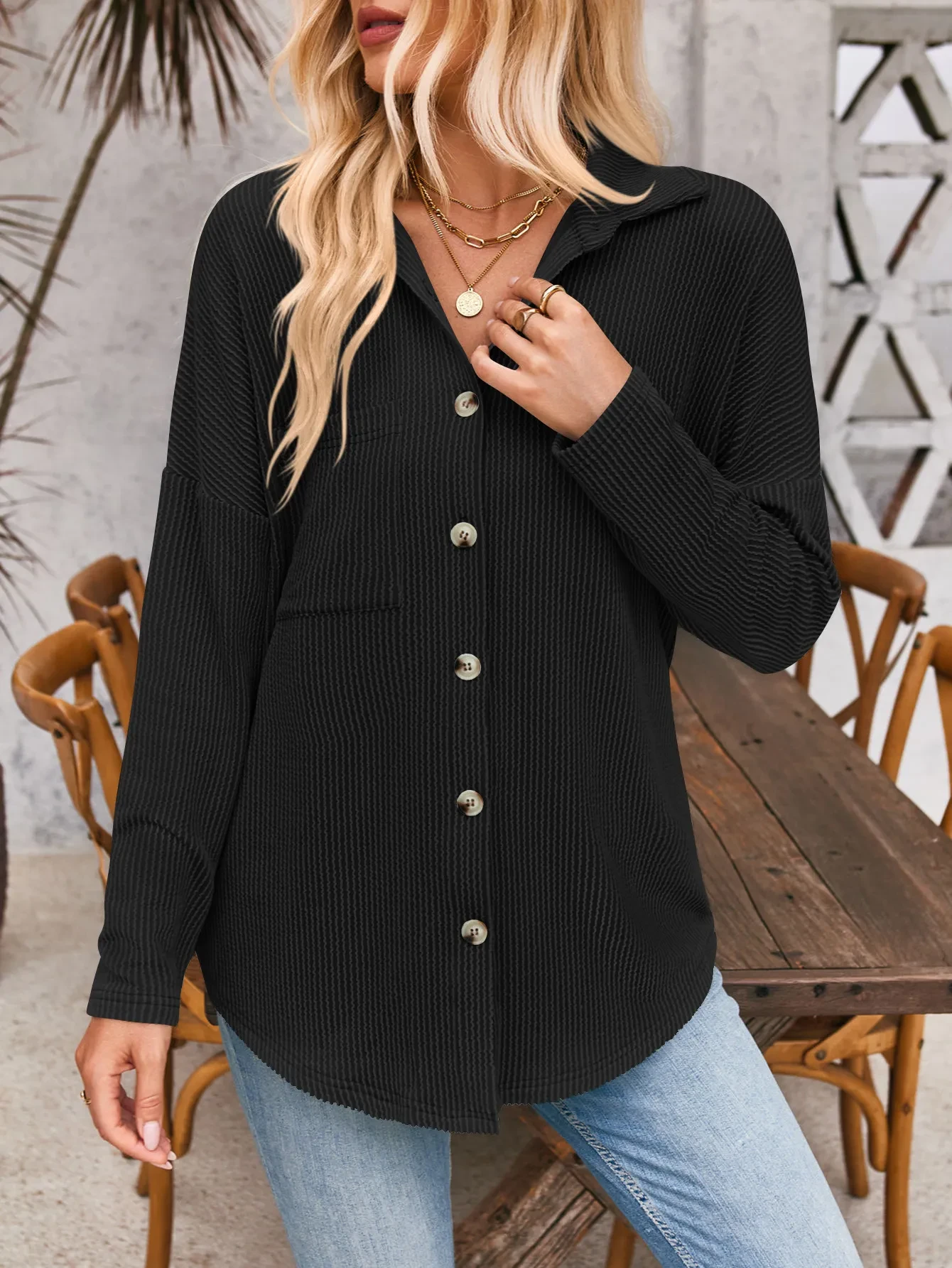 Striped Contrast Color Pocket Long Sleeve Shirt
