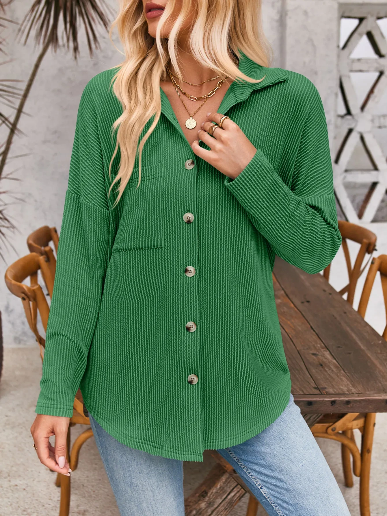 Striped Contrast Color Pocket Long Sleeve Shirt