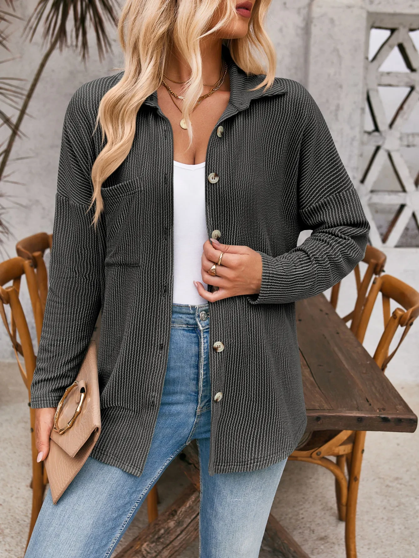 Striped Contrast Color Pocket Long Sleeve Shirt