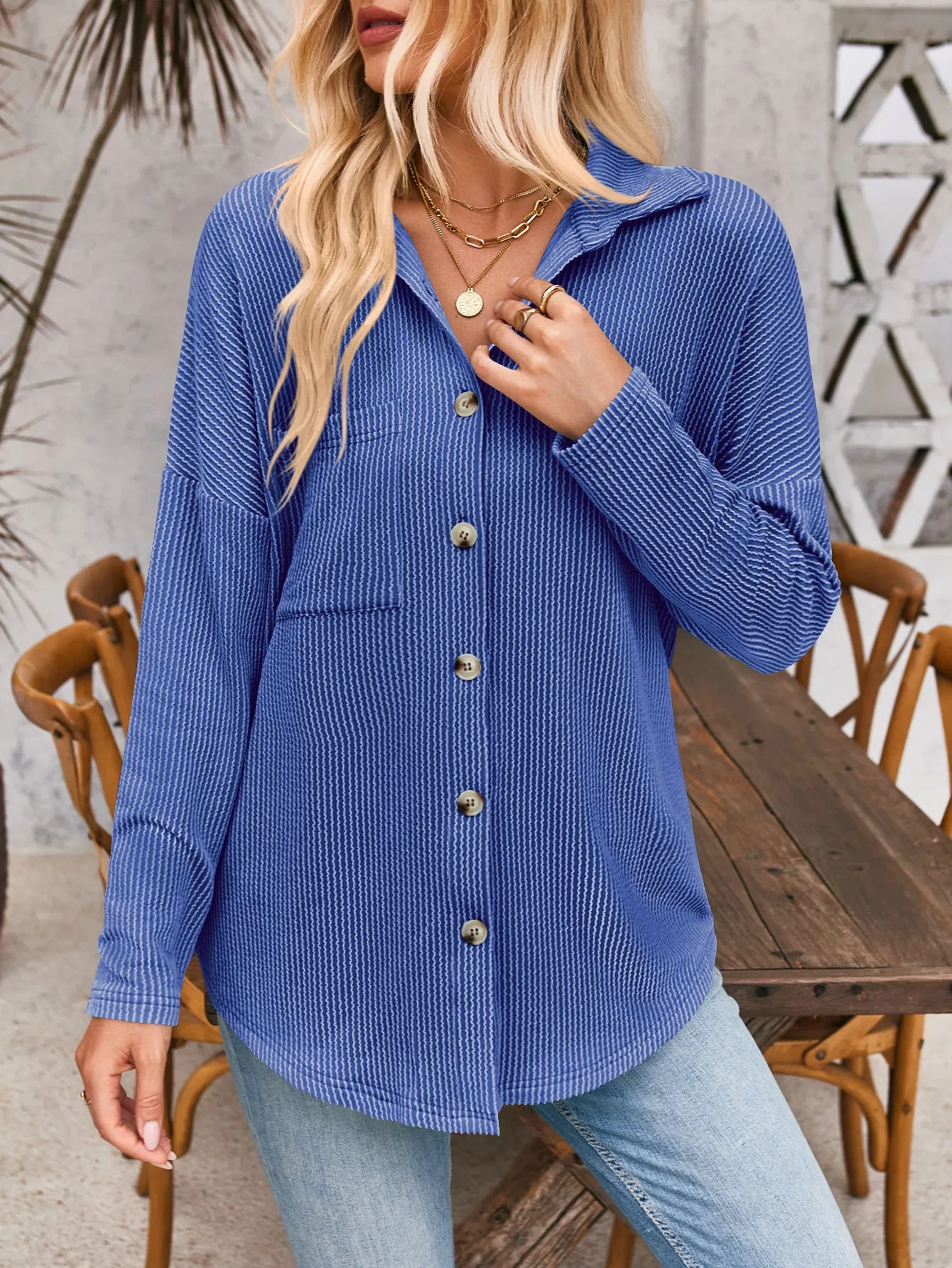 Striped Contrast Color Pocket Long Sleeve Shirt