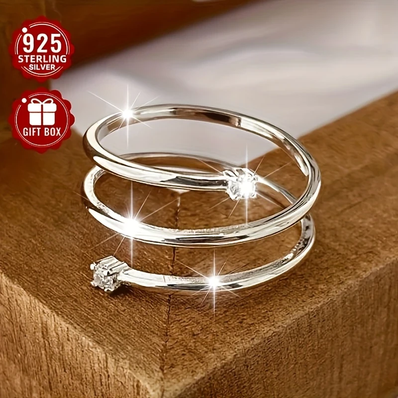 1pc Womens Adjustable Open Ring 925 Silver - Elegant Spiral Design with Synthetic Cubic Zirconia, Ideal for Daily Wear, Parties & Banquets