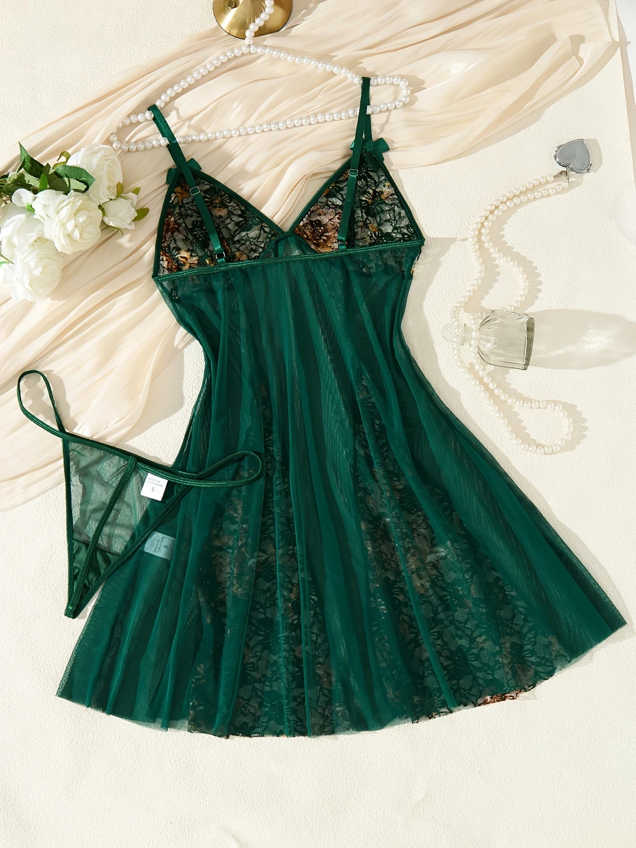 Sheer Nightgown with Sexy Embroidered Floral Designs and a Bow  Elegant Lingerie for Women