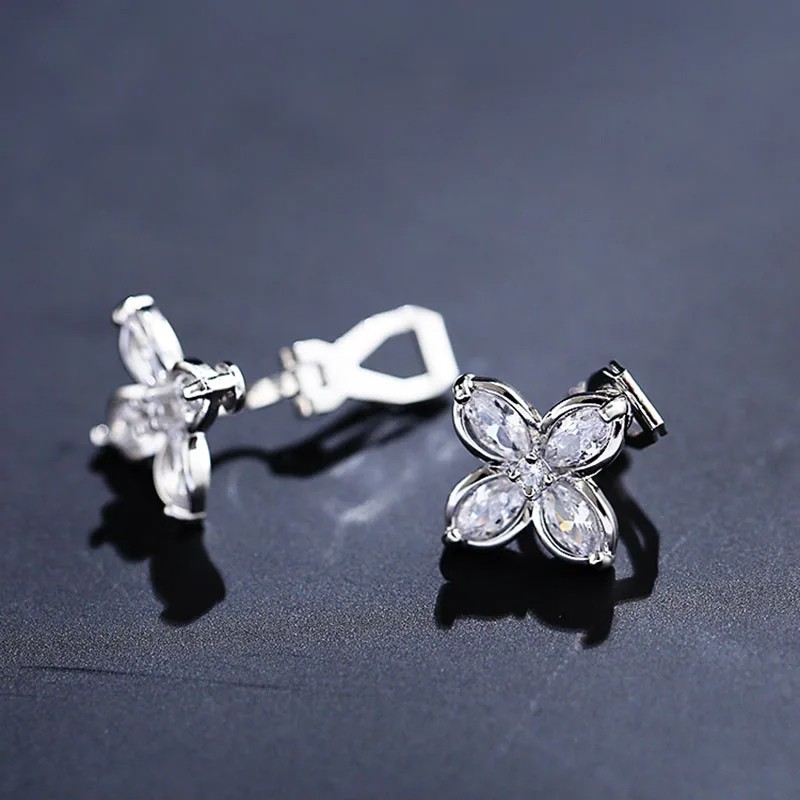 JIOFREE AAA Cubic Zirconia Flower Shape Clip-On Earrings  No Piercing Needed