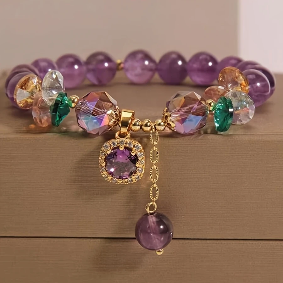Elegant Retro Amethyst Bead Bracelet with Golden-Tone Accents and Crystal Pendant  Bohemian Charm for Every Occasion