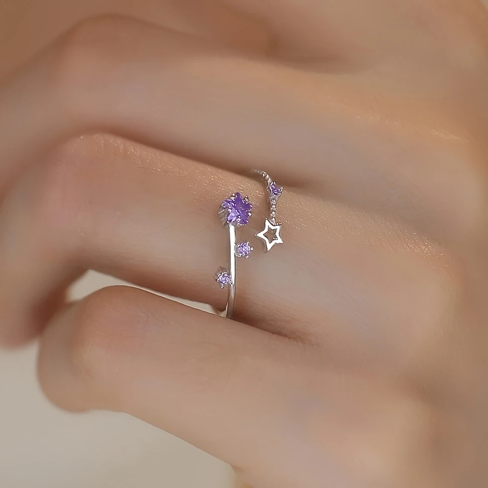 Elegant Adjustable Star Ring for Women Silvery-Tone Copper Alloy with Purple Synthetic Zirconia