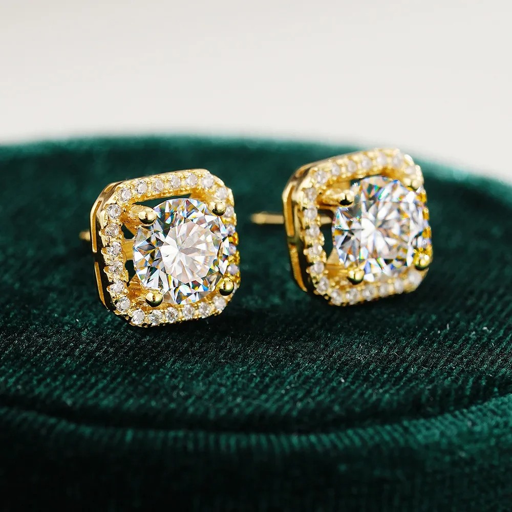 Luxury 100% Real 18K Gold Ring and Square Moissanite Women's Luxury Classic Earrings