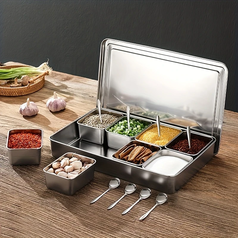 SHAON 8-Compartment Stainless Steel Spice Container with Lid & Spoon